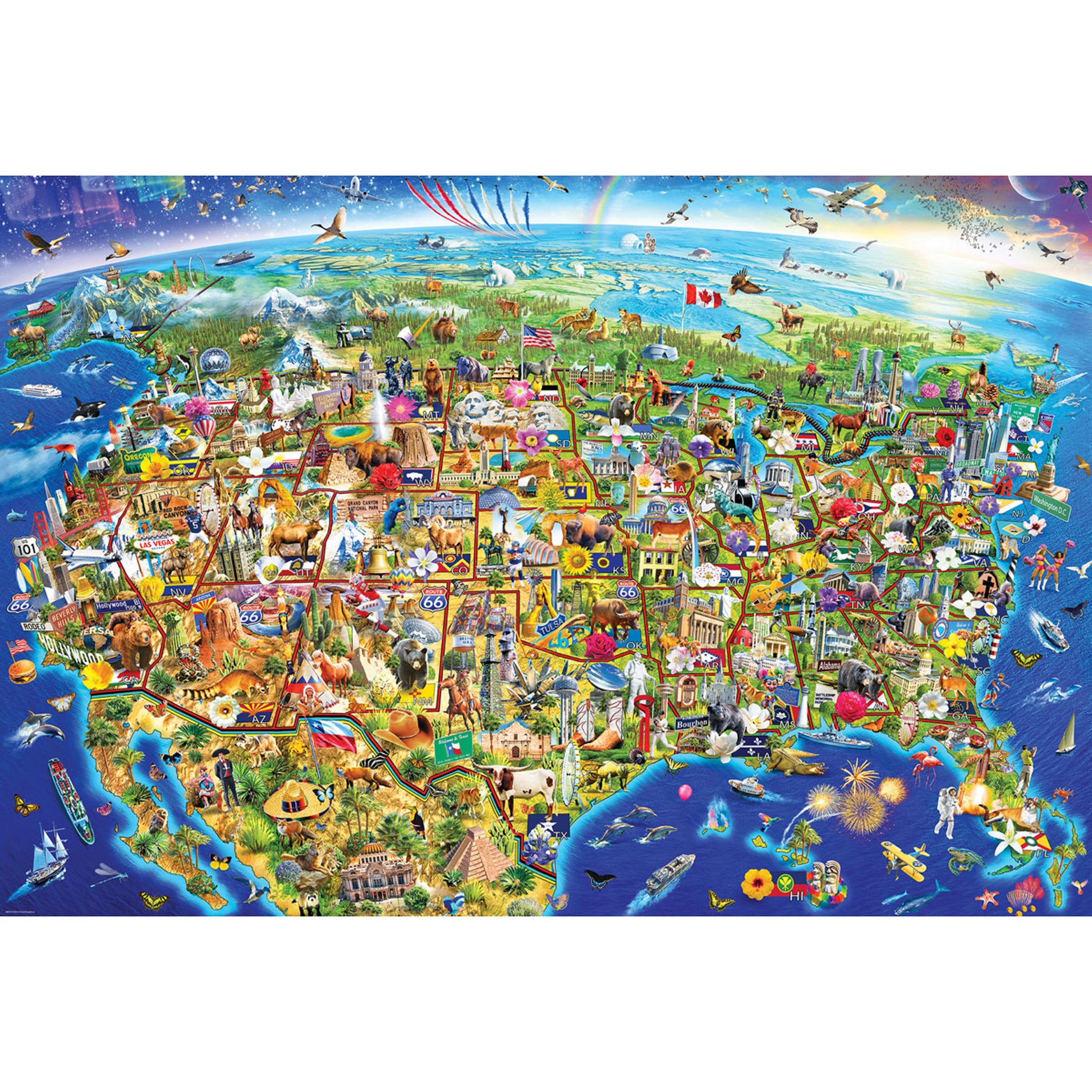 Eurographics US Wonders 2000 piece jigsaw puzzle featuring colorful illustrated USA map with landmarks and attractions