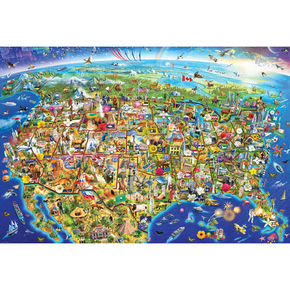 Eurographics US Wonders 2000 piece jigsaw puzzle featuring colorful illustrated USA map with landmarks and attractions