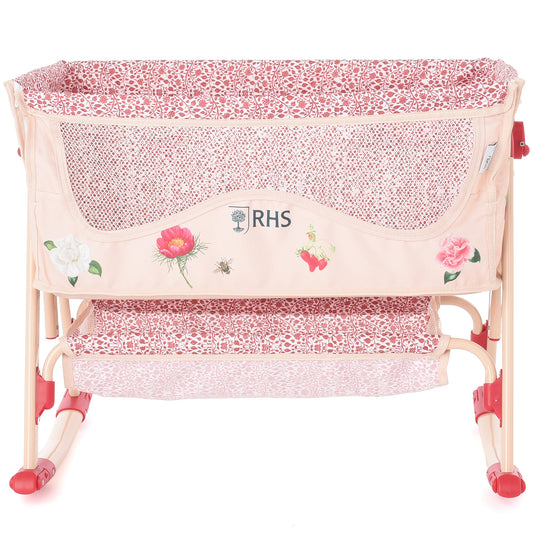 Roma RHS Bedside Crib Flora in pink with floral design and mesh panels