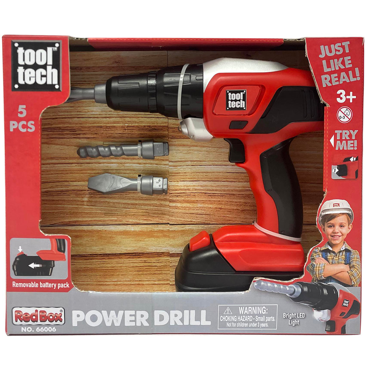 Tool Tech Power Drill toy set in red and black with drill, three interchangeable bits, and battery pack