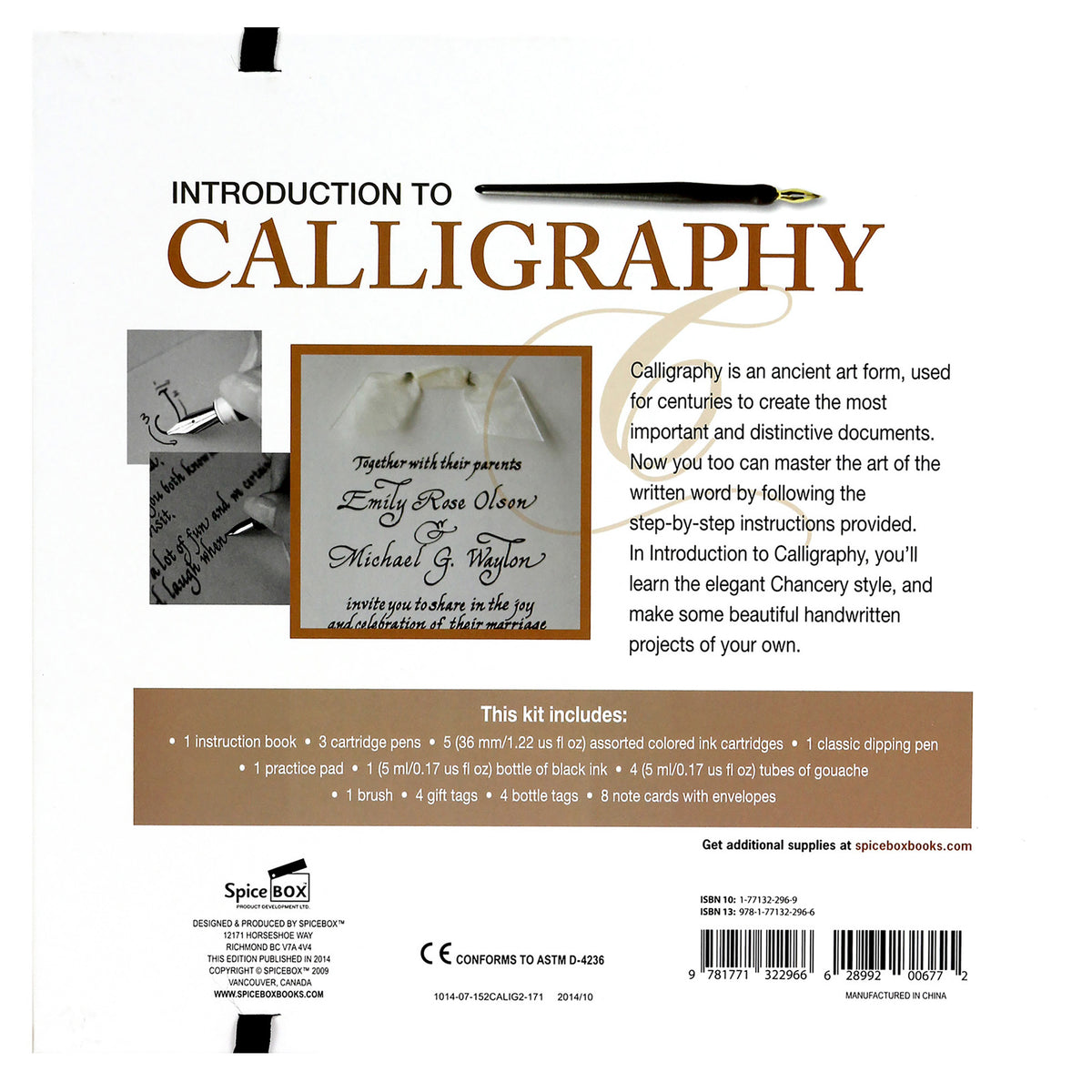 Introduction to Calligraphy kit box showing calligraphy pens, instruction book, and sample wedding invitation with br...