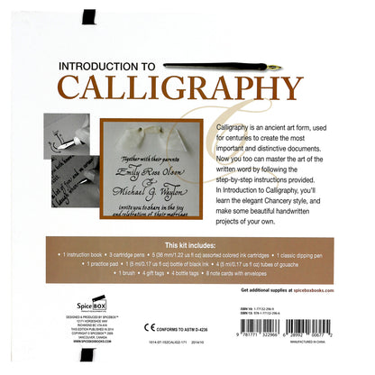 Introduction to Calligraphy kit box showing calligraphy pens, instruction book, and sample wedding invitation with br...