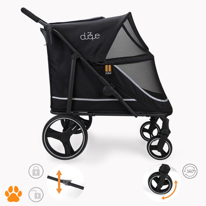 My Duque CHAMP black pet stroller with mesh windows and 360° swivel wheels for dogs