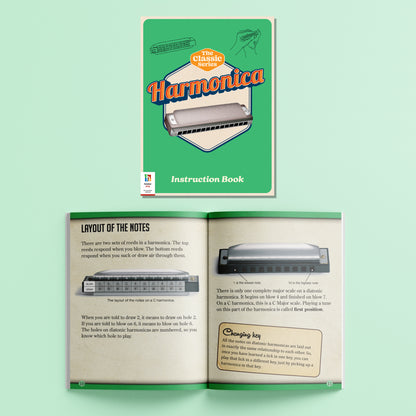 Hinkler Retro Box Harmonica Classic Series with instruction book showing note layout
