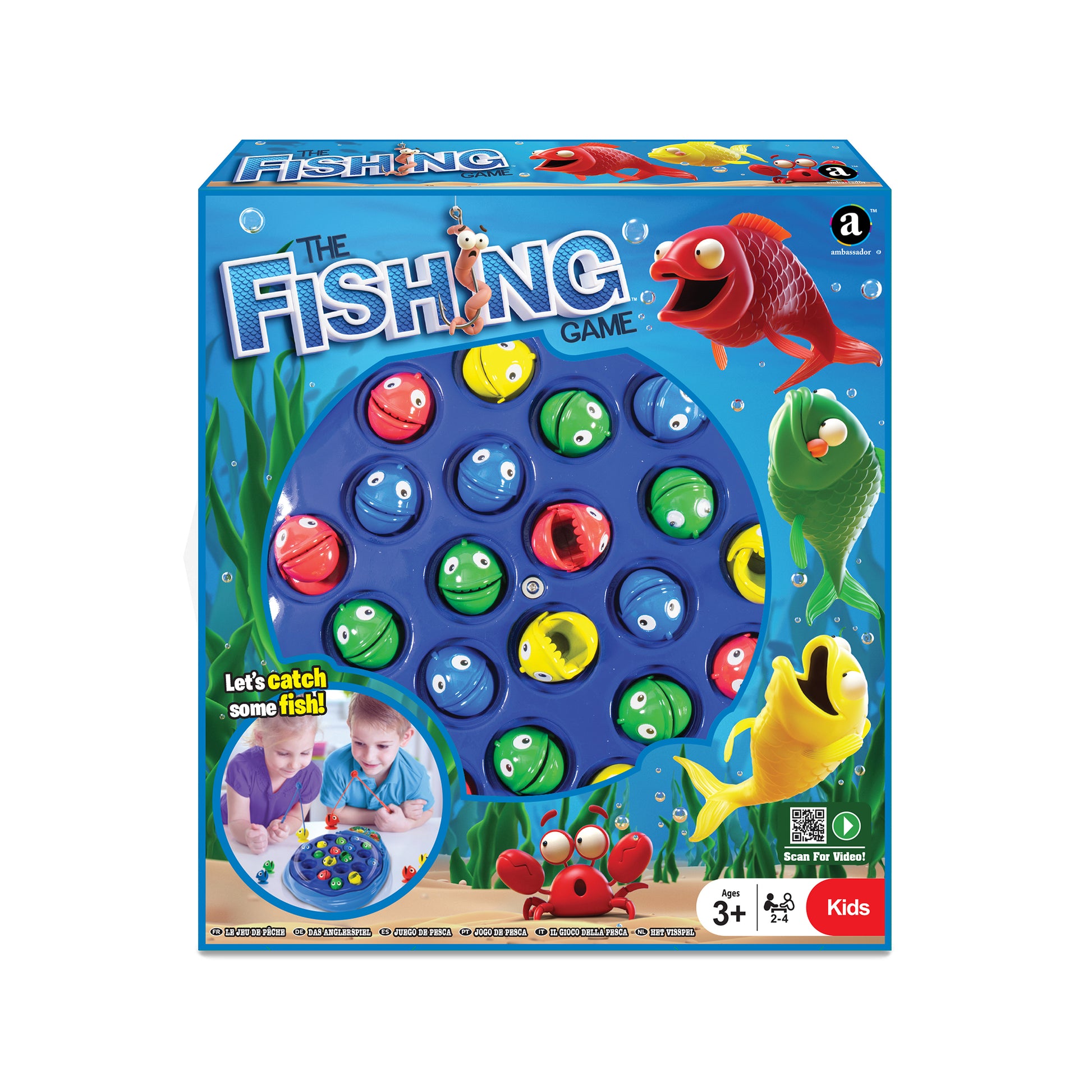 The Fishing Game by Ambassador Games with colorful spinning fish in red, blue, green, and yellow on blue board