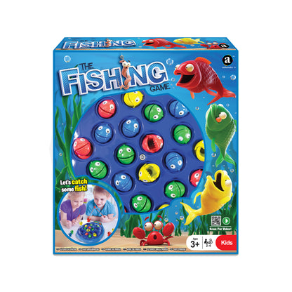 The Fishing Game by Ambassador Games with colorful spinning fish in red, blue, green, and yellow on blue board