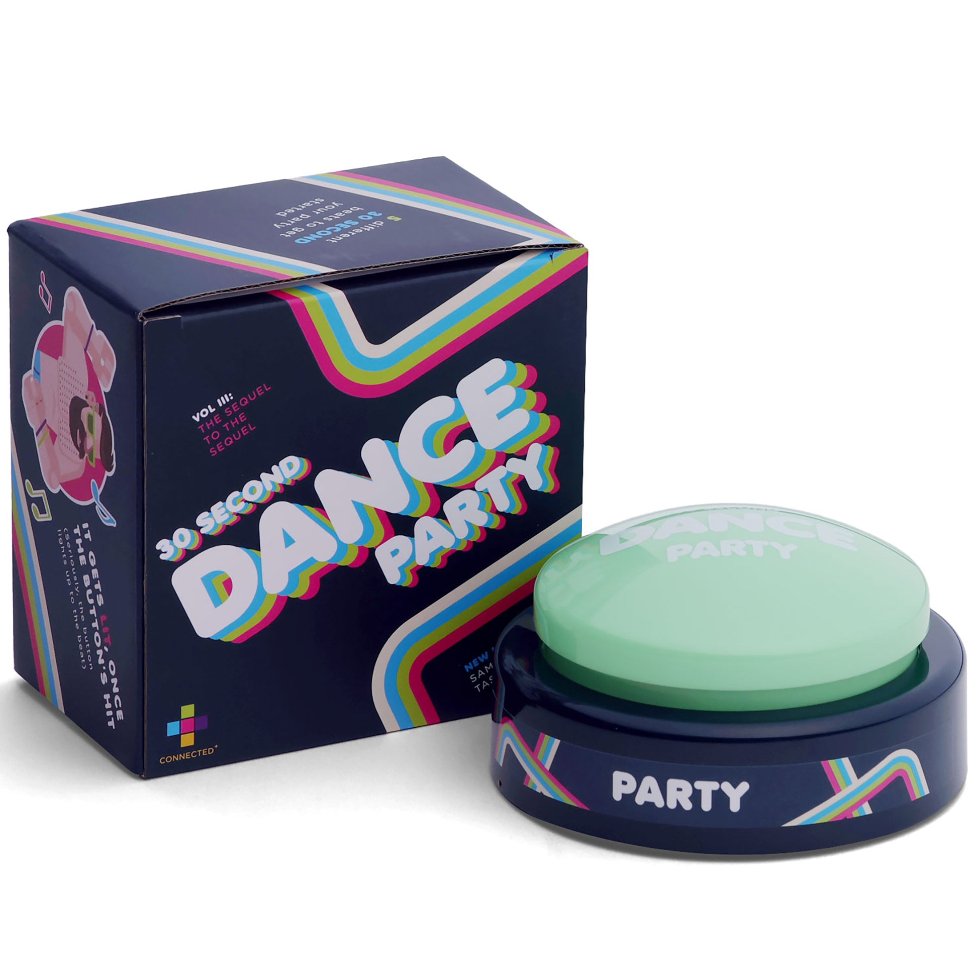 30 Second Dance Party Volume 3 green button toy with colorful rainbow design on dark blue base