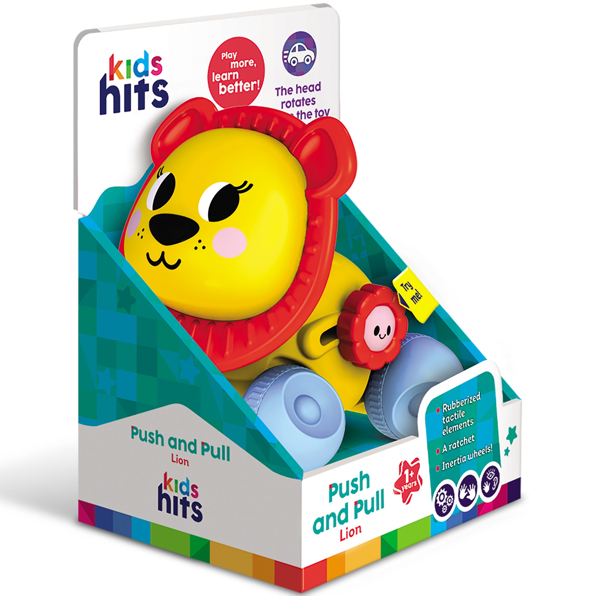 Kids Hits Push and Pull Lion toy with yellow body, red mane, blue wheels, and rotating head