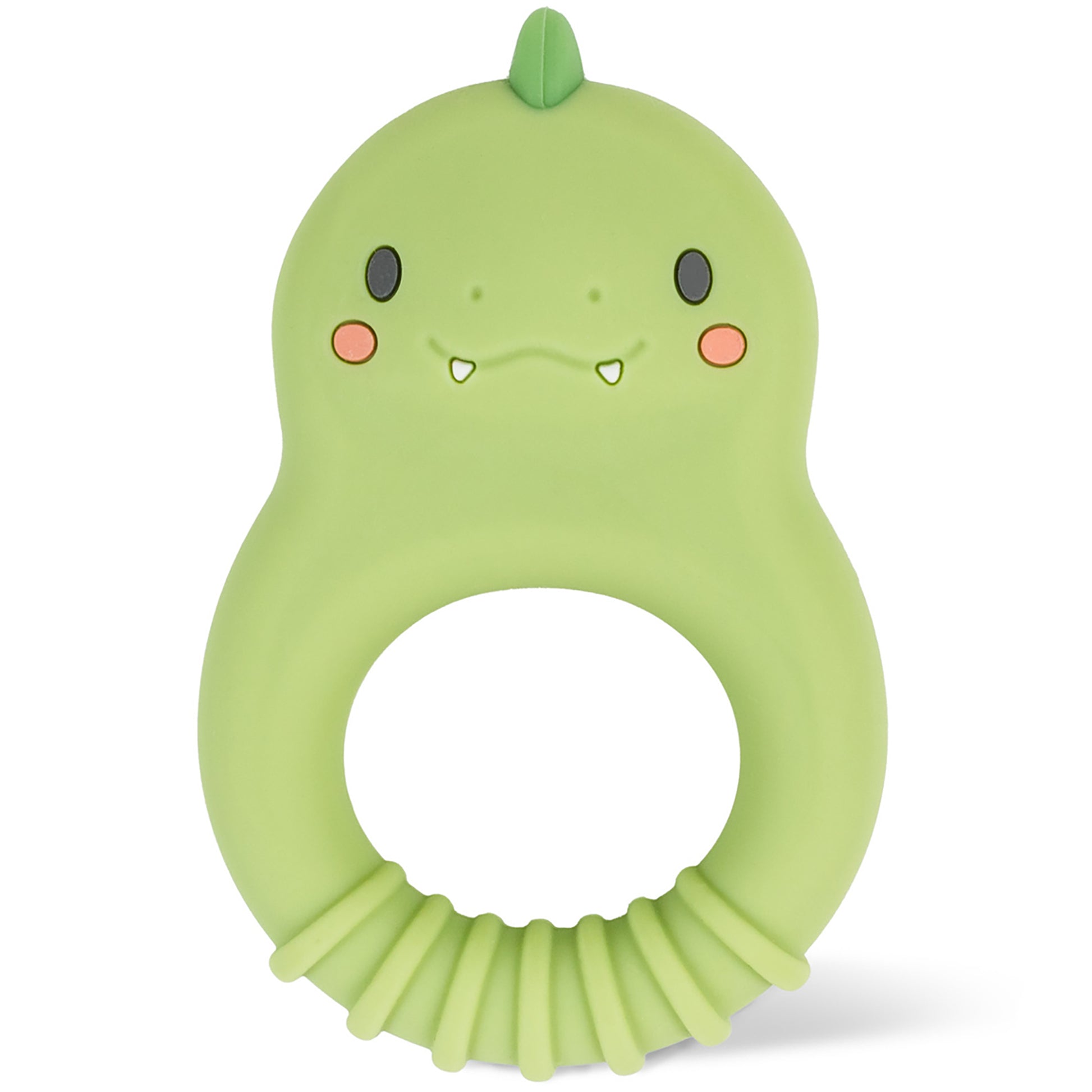 Tiger Tribe green dinosaur silicone teether with textured ridged base and cute face