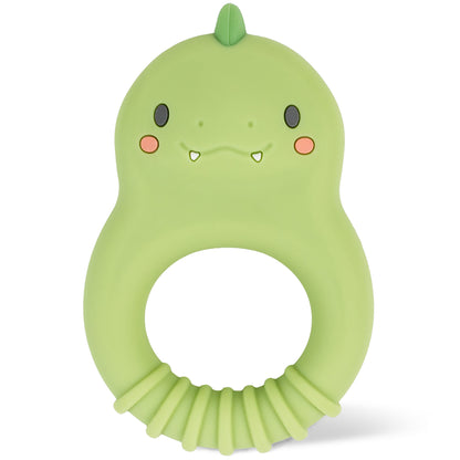 Tiger Tribe green dinosaur silicone teether with textured ridged base and cute face