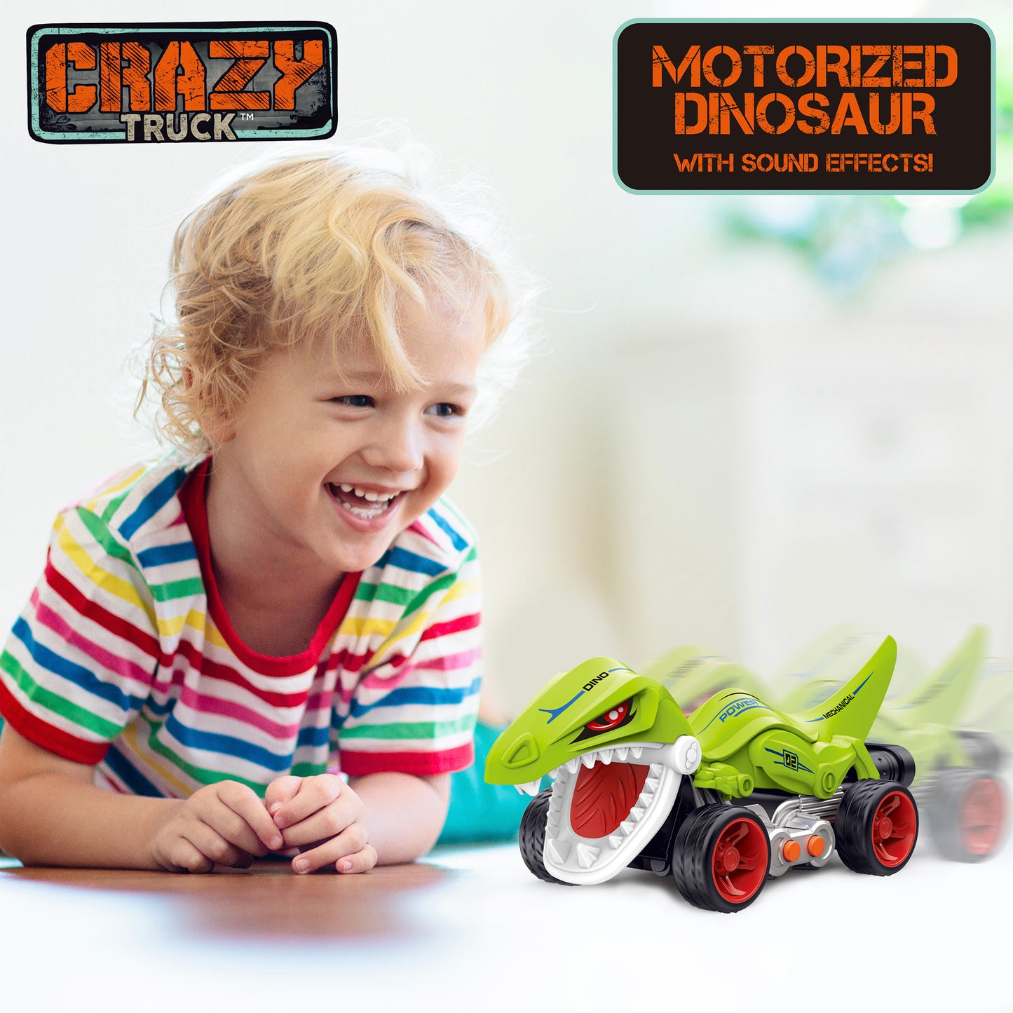 Crazy Truck Motorized Dinosaur - Roaring Green Dino Toy Vehicle for Kids 3+