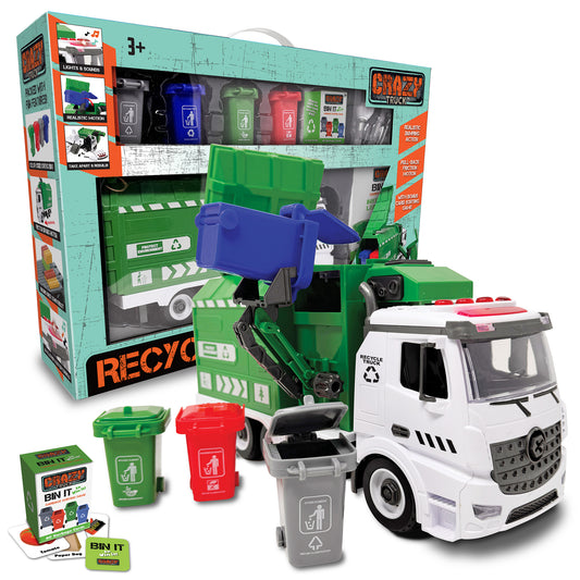 Crazy Truck City Recycler interactive toy set with white recycling truck, green and blue garbage cans, mini trash bins, and packaging box showing lights, sounds