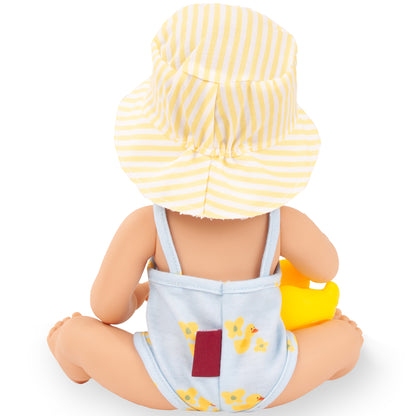 Gotz Sleepy Aquini 13" baby doll with yellow striped hat and duck-print outfit