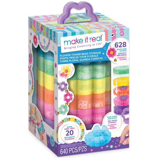 Make It Real Flower Tower Bead Storage with 628 colorful beads in rainbow-stacked containers and purple handle