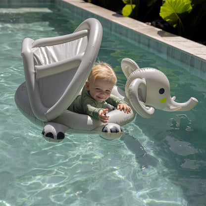 Baby Float Eli the Elephant in grey with canopy, toddler in pool