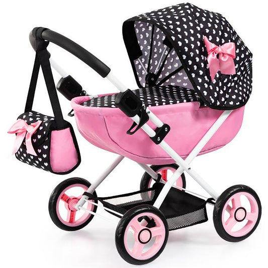 Bayer Design Dolls Pram Cosy with black and pink heart pattern, includes matching bag