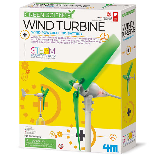 Green Science Wind Turbine STEAM kit with green blades and white base, wind-powered educational toy