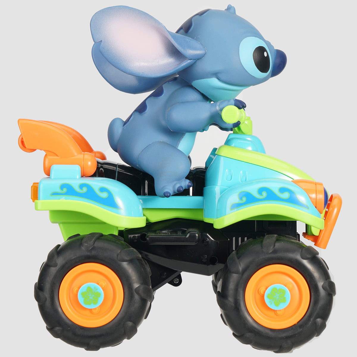 Disney Stitch 7.5" R/C ATV 4 Wheeler with blue character, colorful cyan and lime green vehicle body, orange wheels