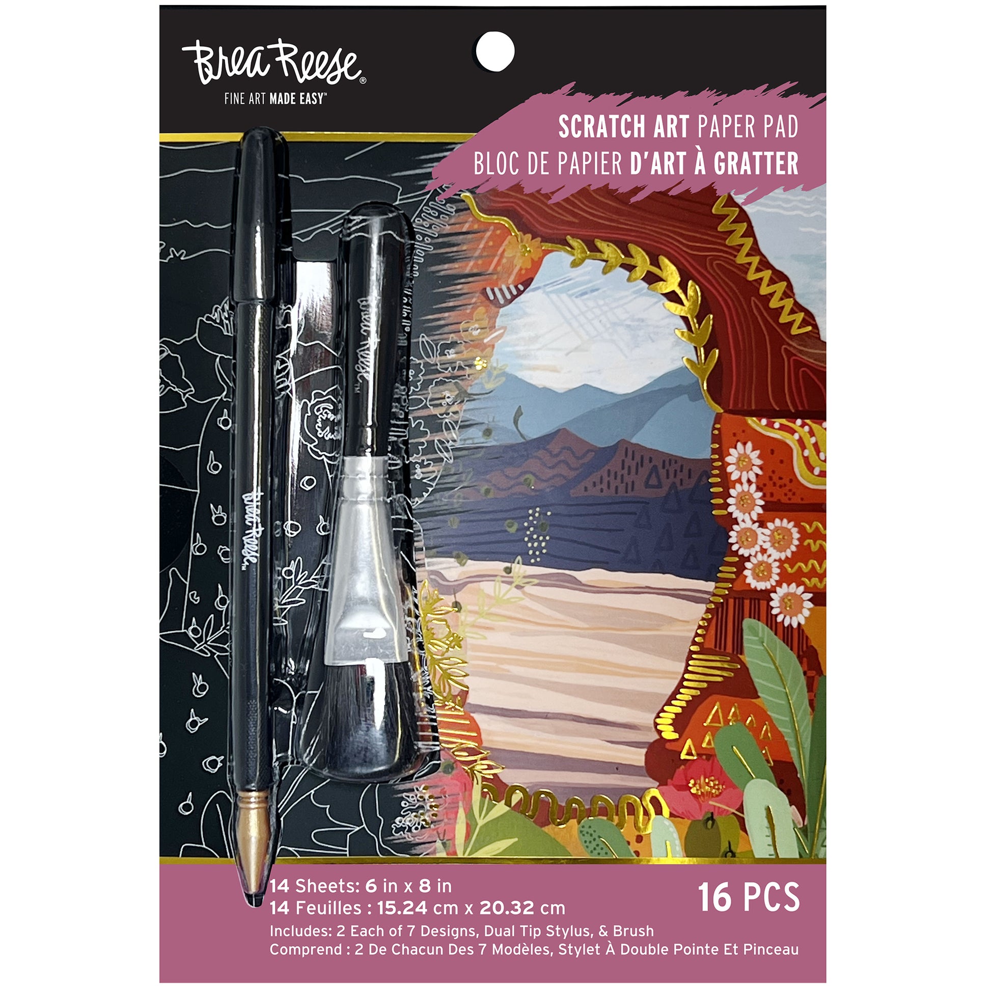 Scratch Art Paper Pad Arches Canyons set with stylus tools and colorful landscape designs