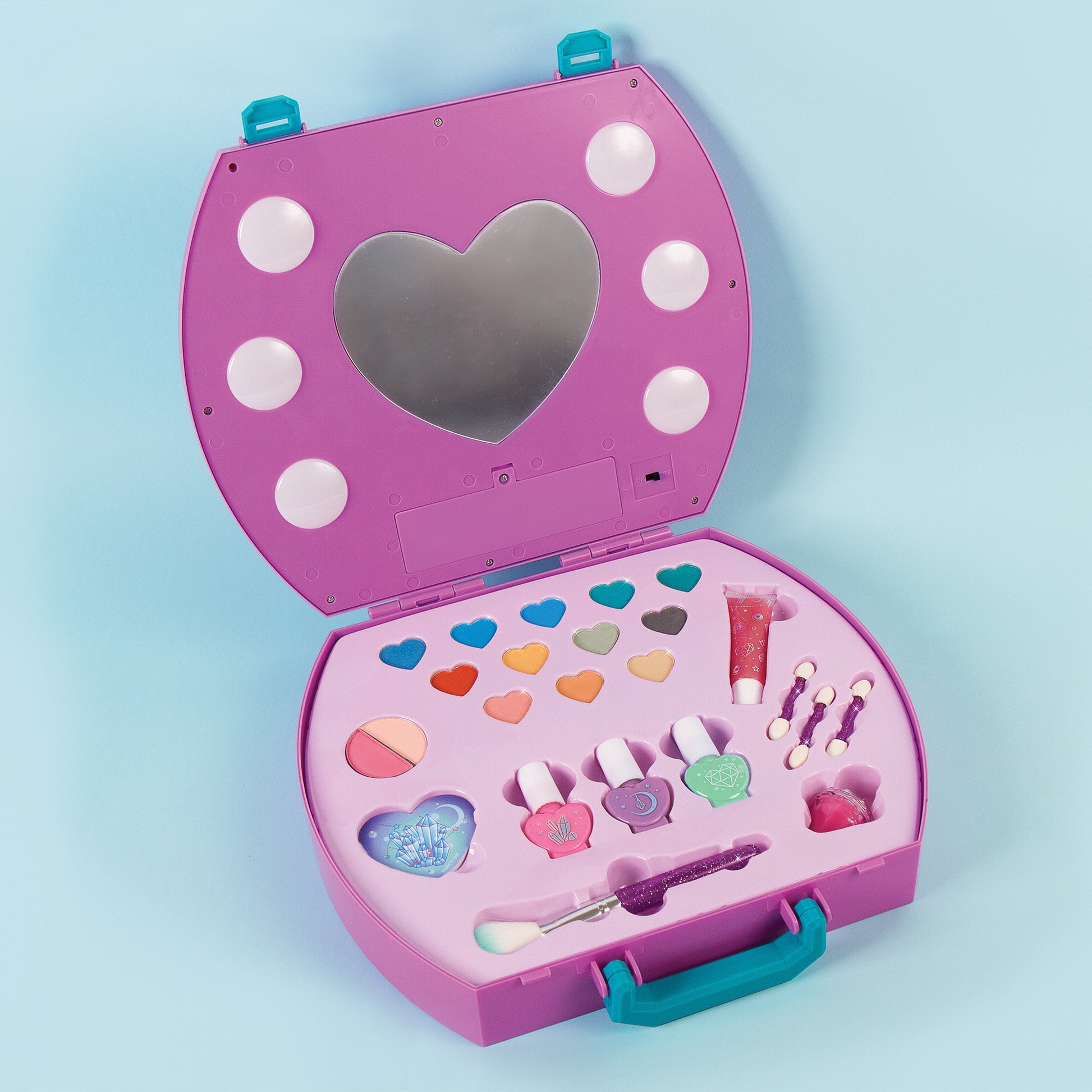Glimmer & Glow Light-Up Cosmetic Studio pink beauty case with mirror, eyeshadow, lip gloss and nail polish