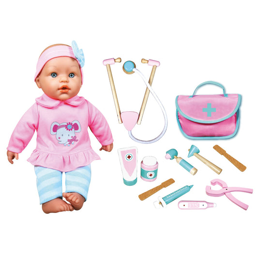 Baby doll in pink outfit with headband and striped pants, displayed with doctor playset accessories including stethoscope, medical bag, hammers, thermometer, an