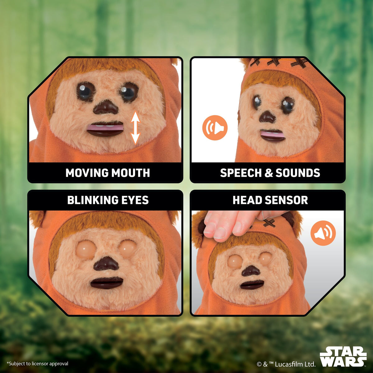 Star Wars Wicket Palm Puppetronic interactive Ewok puppet in orange with moving mouth, blinking eyes, and head that...