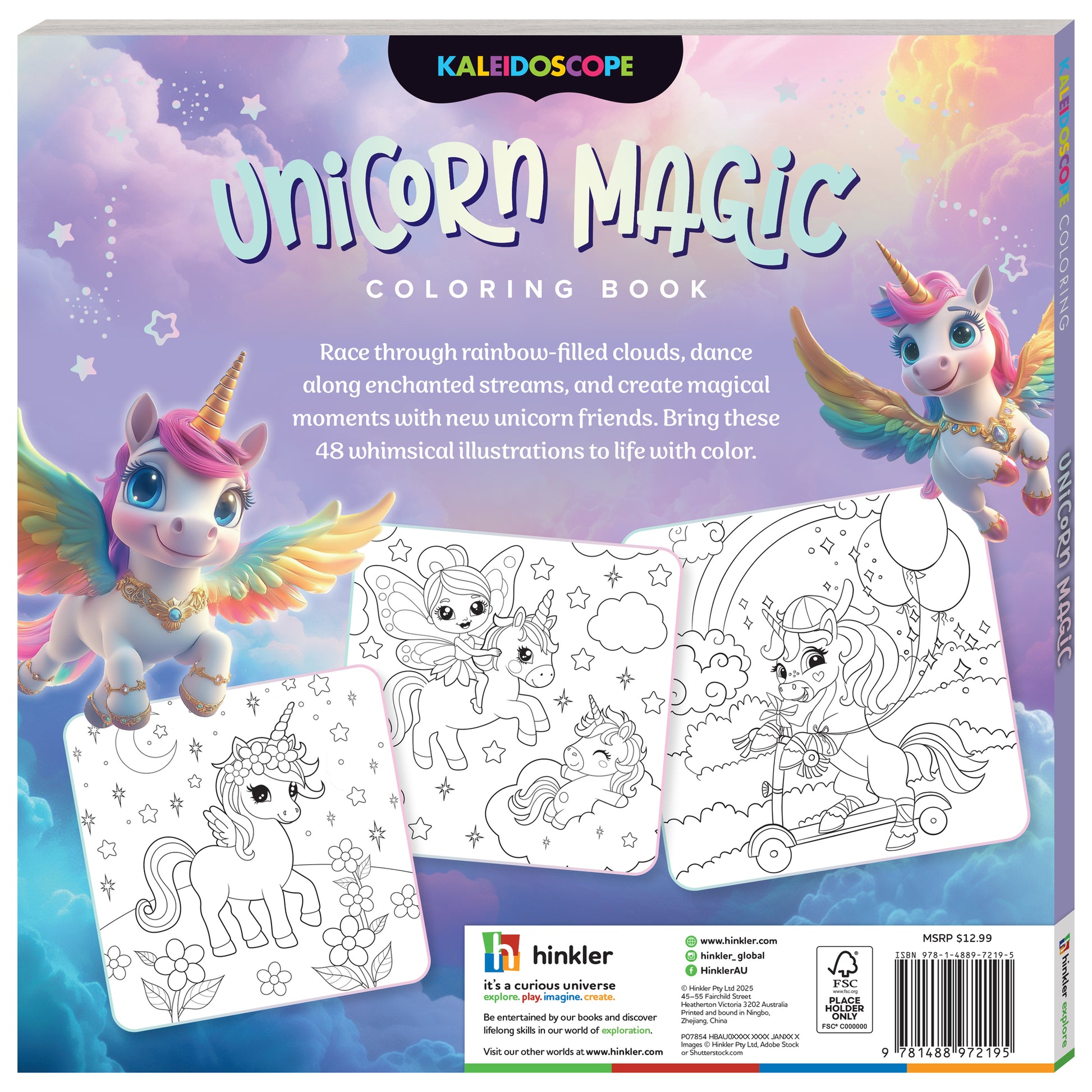 Kaleidoscope Unicorn Magic Coloring Book with 48 whimsical illustrations featuring colorful unicorns and rainbow designs