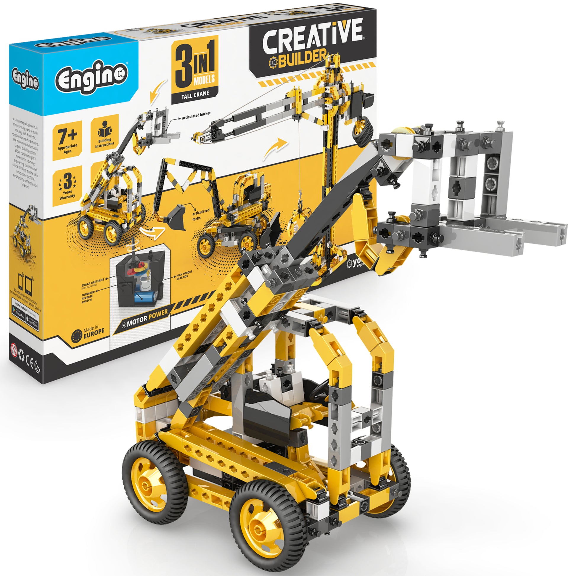 Engino Creative Builder 3-in-1 Tall Crane yellow motorized construction set with building models