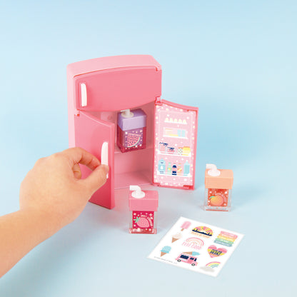 Glimmer & Glow Mini Fridge Lip Gloss Set pink toy with juice box glosses