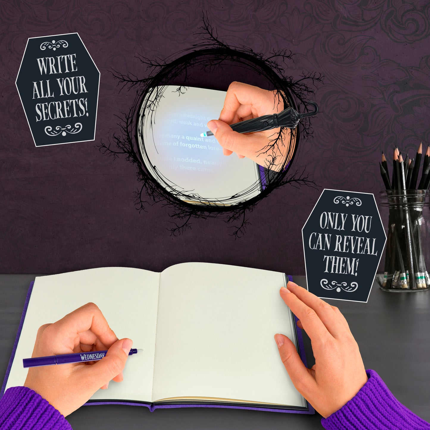 Secret Reveal Journal: Wednesday Nightshade Society with purple pen and mirror reveal feature