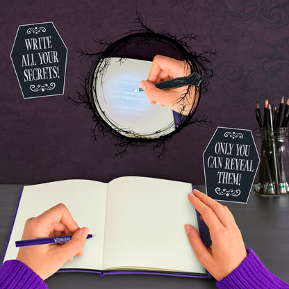 Secret Reveal Journal: Wednesday Nightshade Society with purple pen and mirror reveal feature