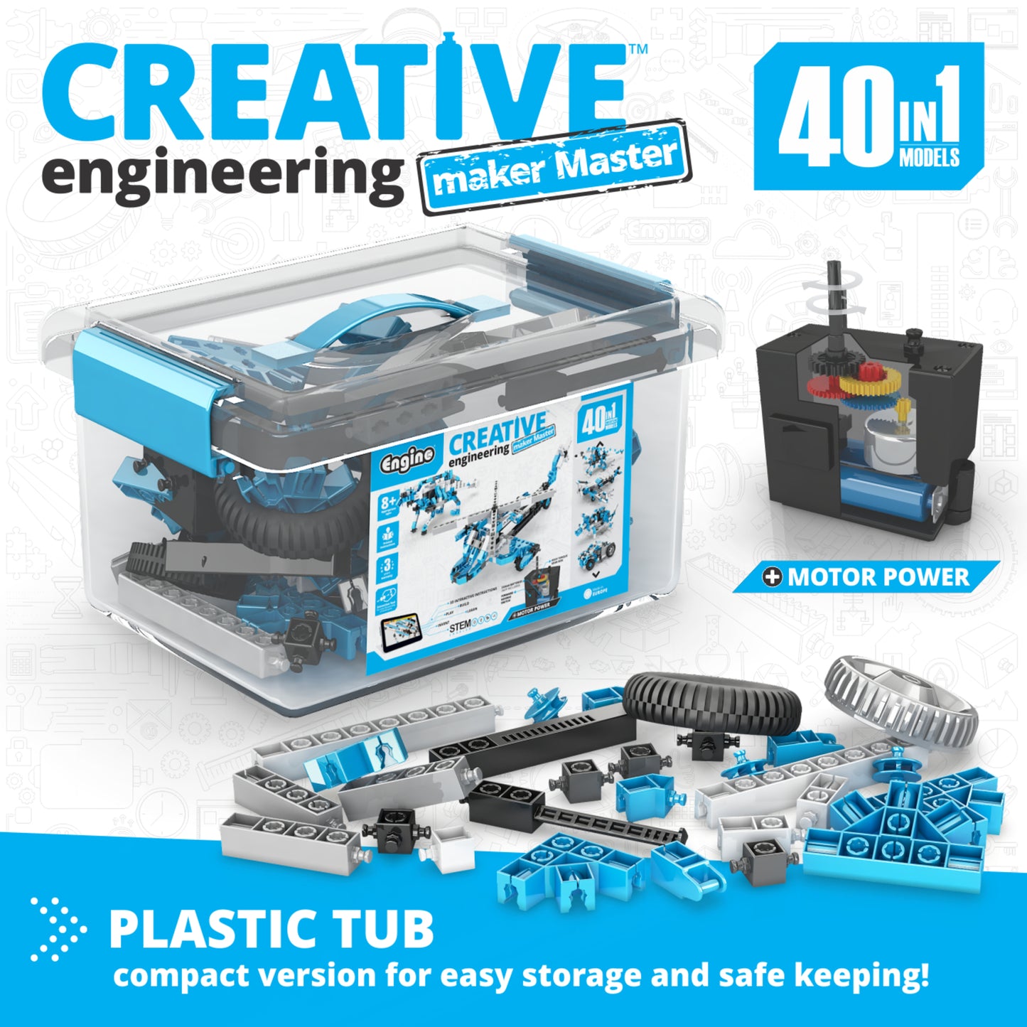 Engino Creative Engineering 40-in-1 Maker Master motorized STEM building set with blue and black plastic pieces in st...