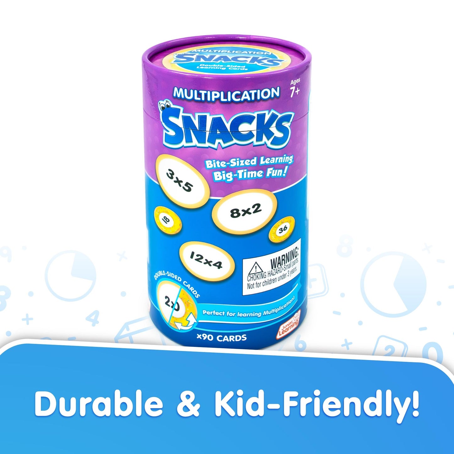 Multiplication Snacks educational card game with 90 cards, purple and blue packaging, ages 7+