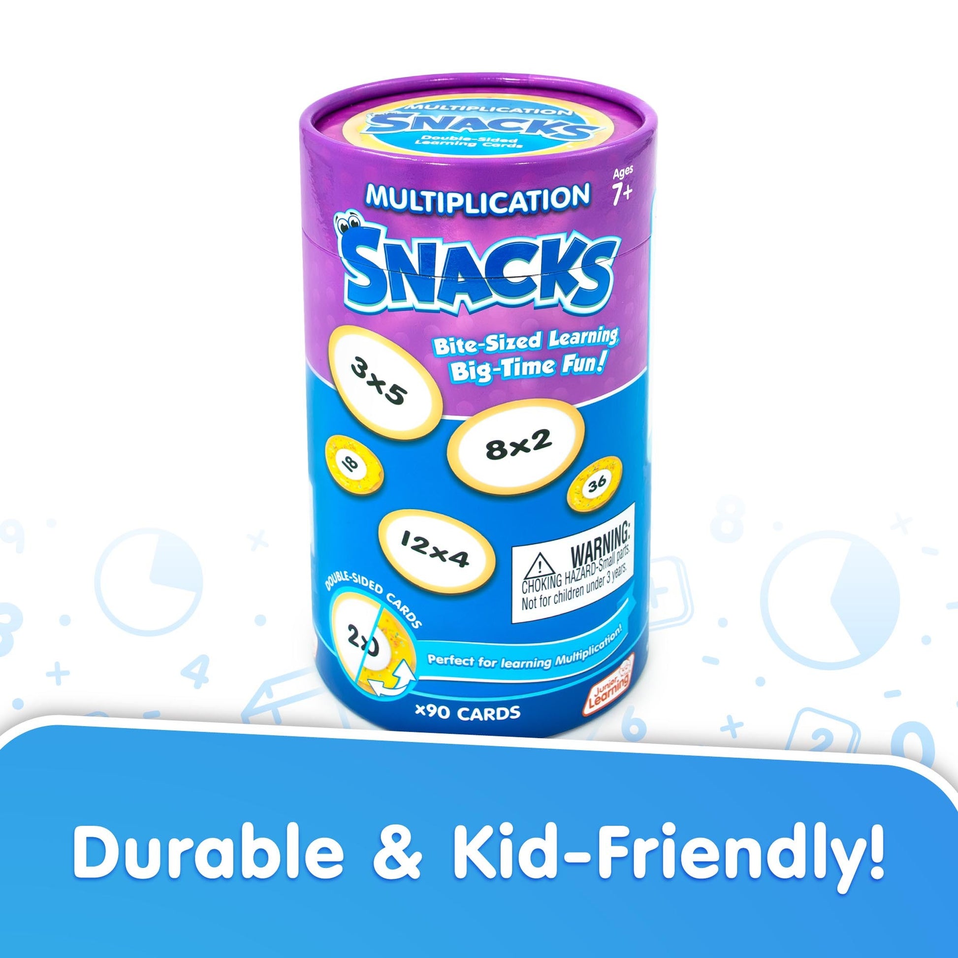Multiplication Snacks educational card game with 90 cards, purple and blue packaging, ages 7+