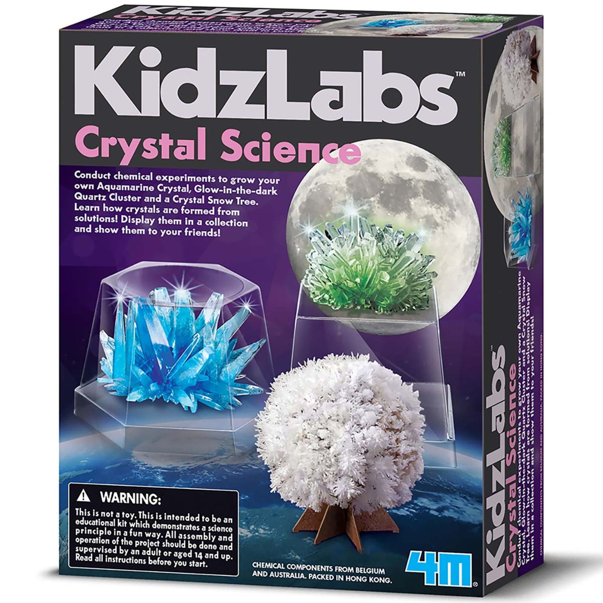 4M KidzLabs Crystal Science Kit with blue aquamarine crystals, white snow tree, and green quartz cluster