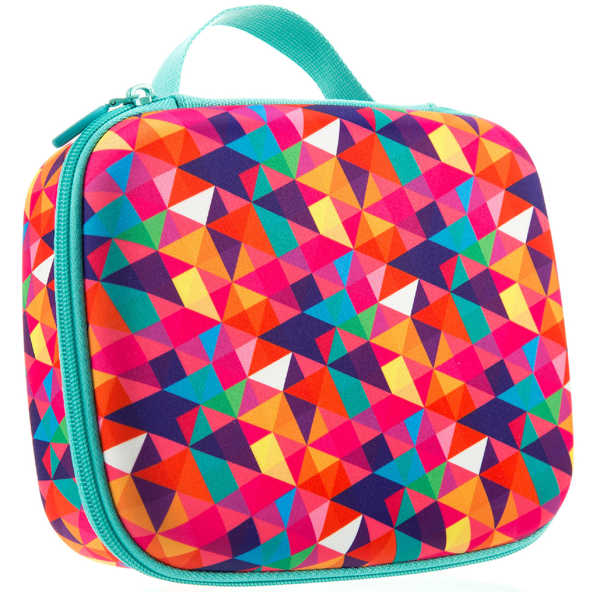 ZIPIT Jumbo Pencil Case in Colorful with bright multicolored geometric triangle pattern and turquoise handle