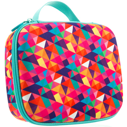 ZIPIT Jumbo Pencil Case in Colorful with bright multicolored geometric triangle pattern and turquoise handle
