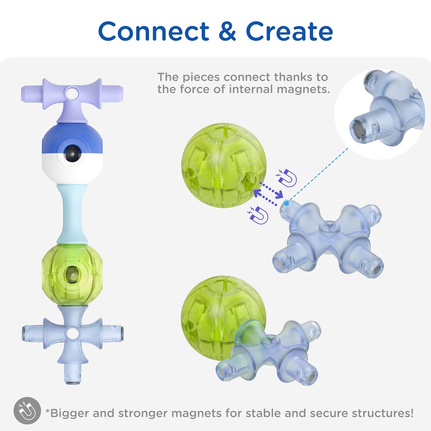 KUB Planet magnetic building set with neon green spheres and blue connector pieces demonstrating magnetic construction