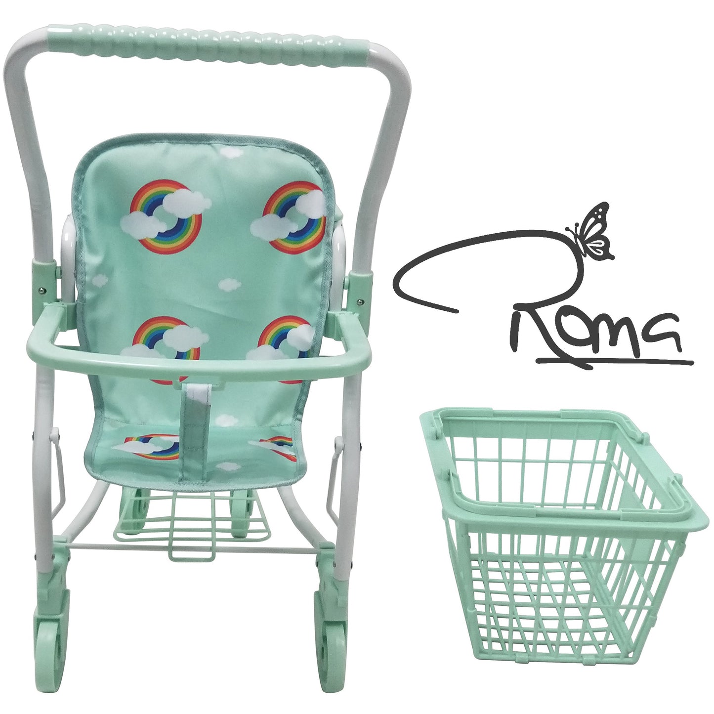 Roma Rupert shopping trolley in mint with rainbow cloud design and matching basket
