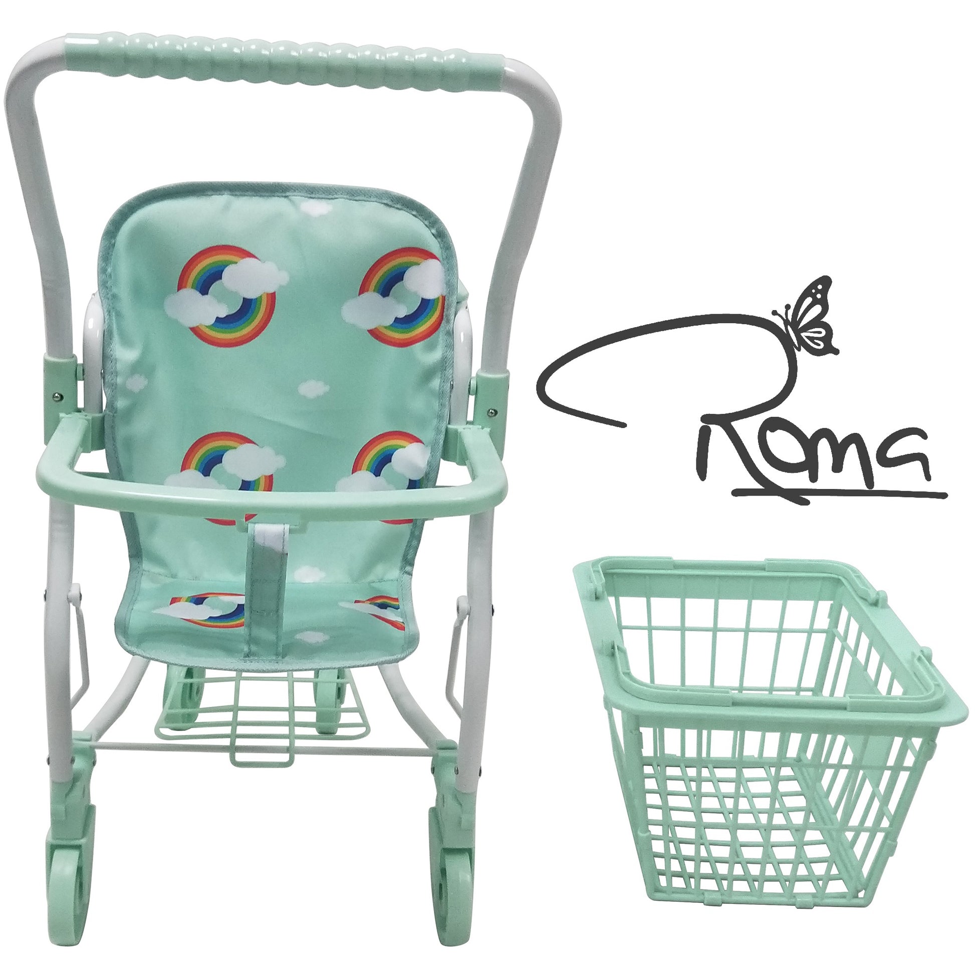 Roma Rupert shopping trolley in mint with rainbow cloud design and matching basket