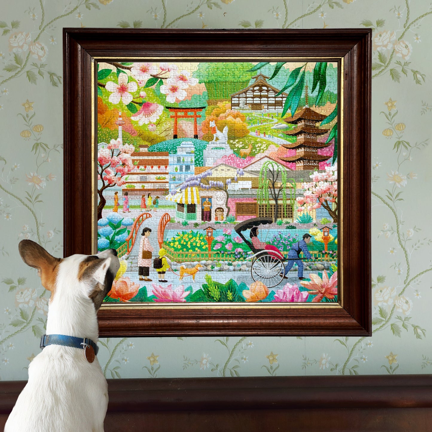 eeBoo Seasons in Kyoto 1000-piece puzzle featuring colorful Japanese garden scene with buildings and flowers