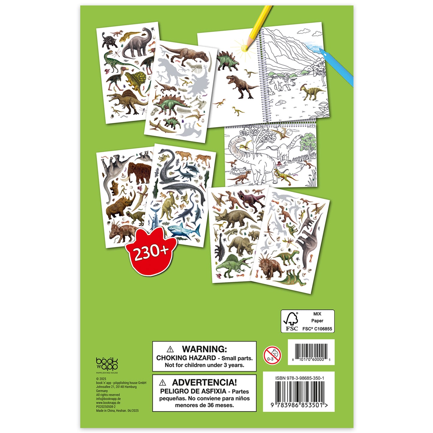 Color & Sticker Fun Dinosaurs book with 230+ stickers, coloring pages, and pencils on green background