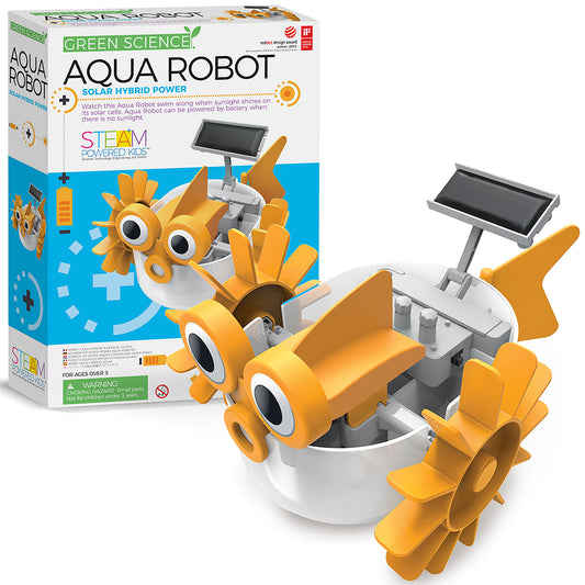 Green Science Aqua Robot with orange body, large googly eyes, and fin-like appendages in white basin next to solar panel controller on plain background
