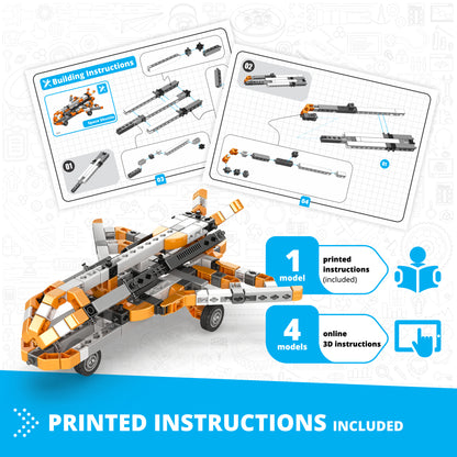 Engino Inventor Mechanics Space Shuttle 5-in-1 building set with orange and black snap construction pieces and printe...