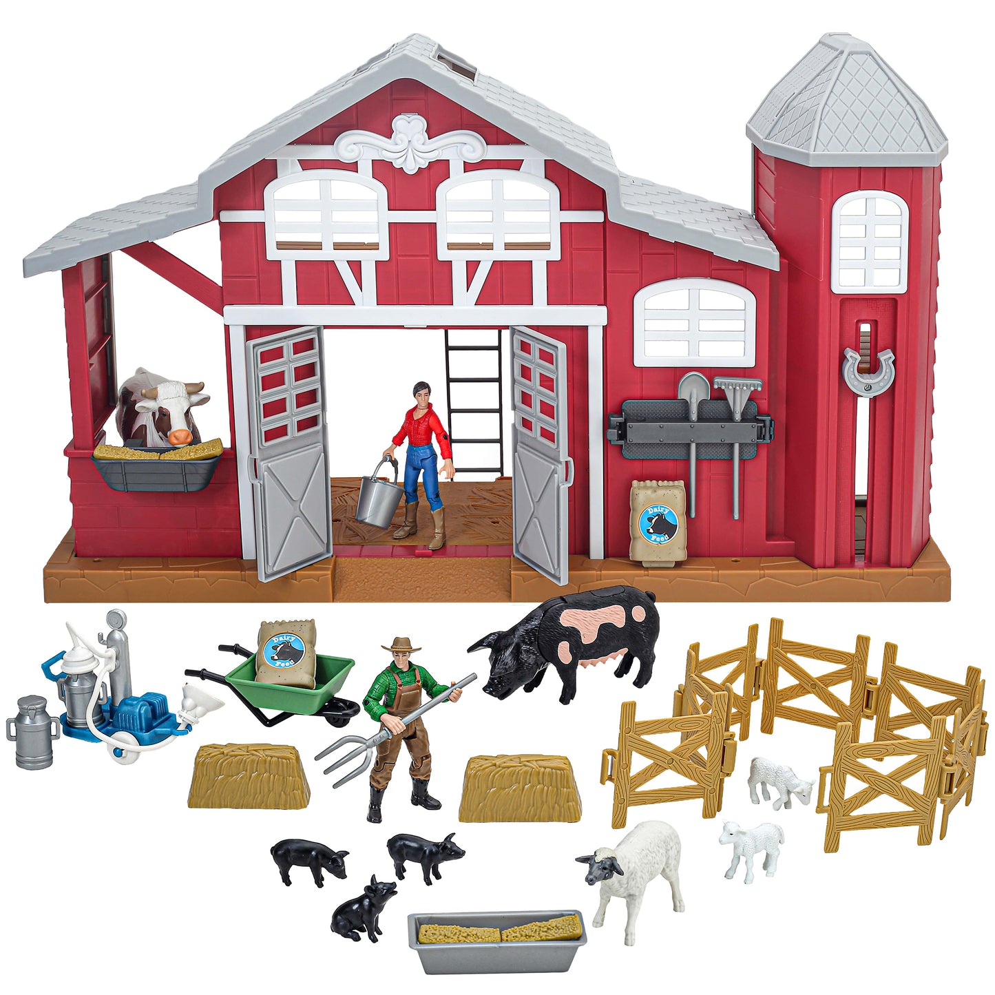 Dairy Barn Playset 38pc red barn with farmer figure, black and white cows, fencing, and accessories