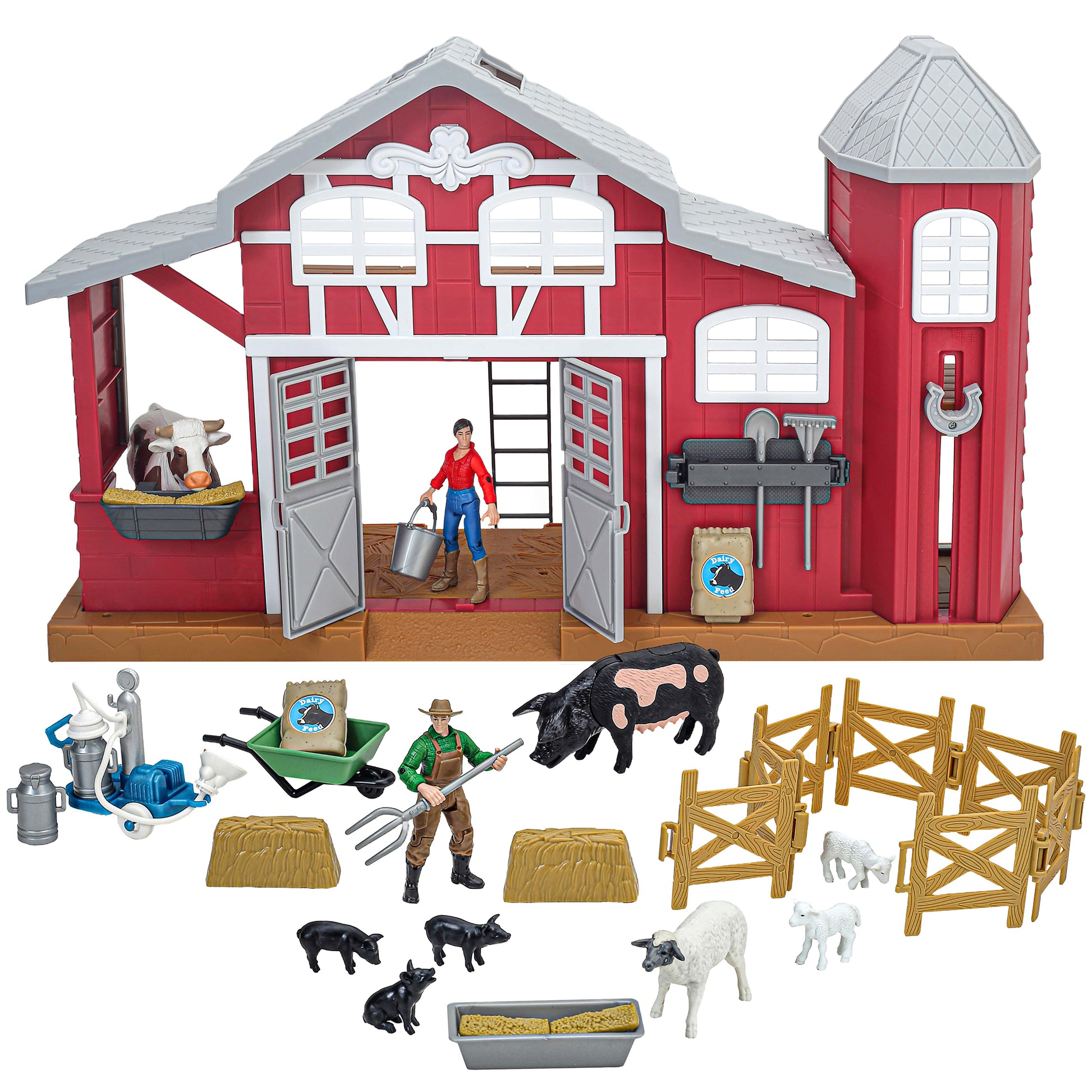Dairy Barn Playset 38pc red barn with farmer figure, black and white cows, fencing, and accessories