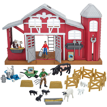 Dairy Barn Playset 38pc red barn with farmer figure, black and white cows, fencing, and accessories