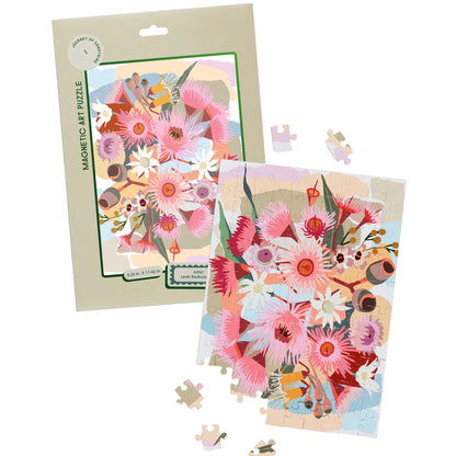JOS Magnetic Puzzle - Flowering Gum with colorful pink and white flowers, includes box and loose puzzle pieces