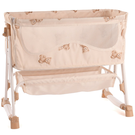 Roma Teddy Bedside Crib with beige fabric, mesh panel, and wooden legs