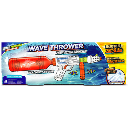Wave Thrower pump-action water blaster with red H2O tank and white gun, blasts up to 28ft
